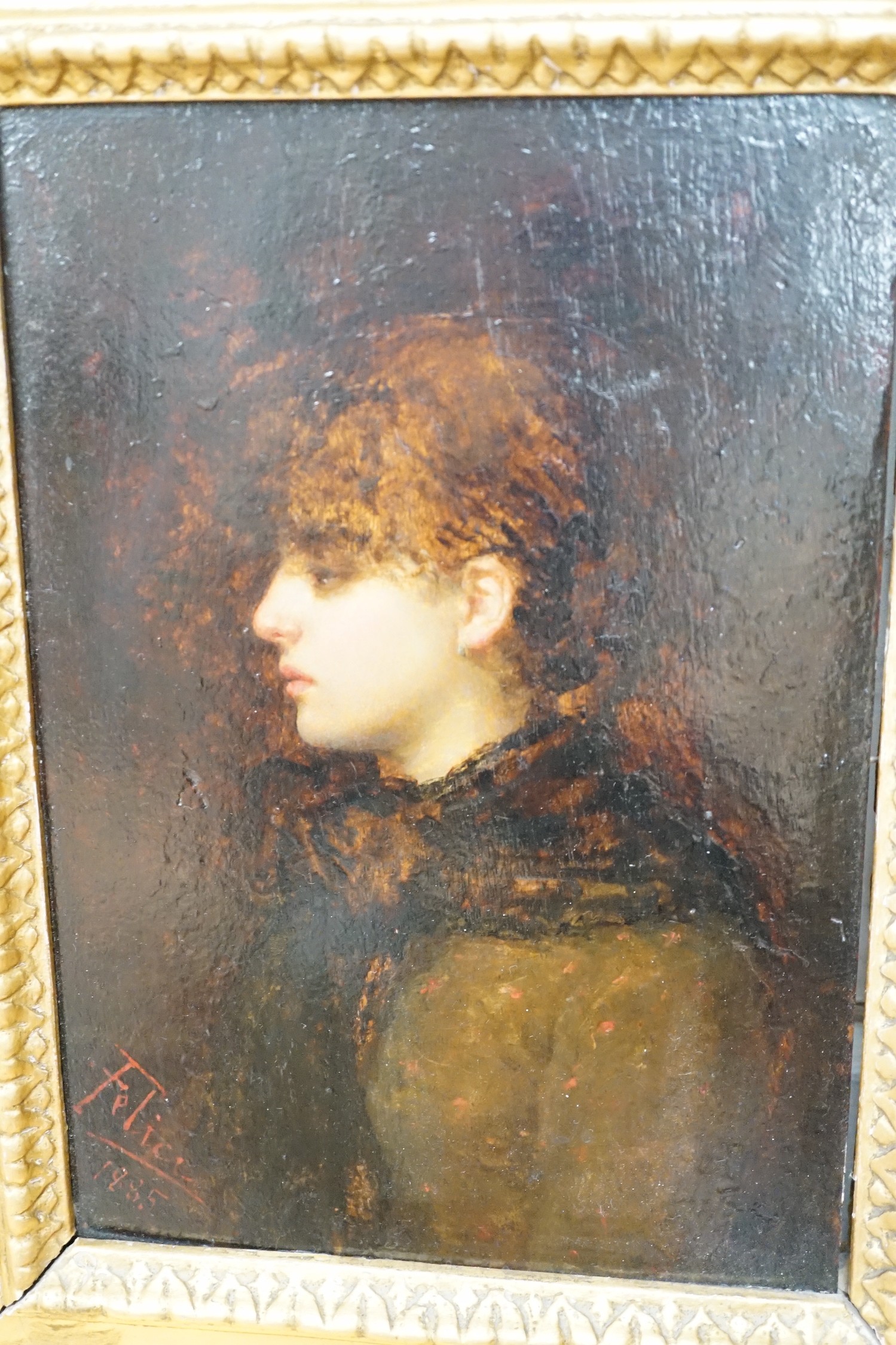 Felice, oil on panel, Portrait of a lady, signed and dated 1885, 32 x 23cm